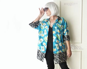 Oversize Hawaiian top, Kimono, travel print, FREE SHIPPING, artsy, beach, aqua, black, turquoise, boho, eco fashion, Plus size, upcycled