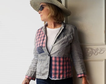 Patchwork linen Jacket, refashioned, large, one of a kind, navy blue off white pinstripe, upcycled clothing for women, pink blue