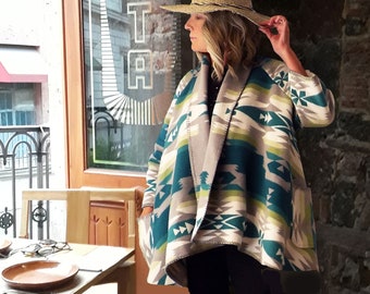 Shawl Collar Pendelton blanket Swing Jacket, upcycled clothing for women, green white geometric, asymmetrical hem, boho, one of a kind