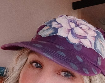 One of a kind purple polka dot artsy adult women's baseball cap, floral applique, upcycled hat