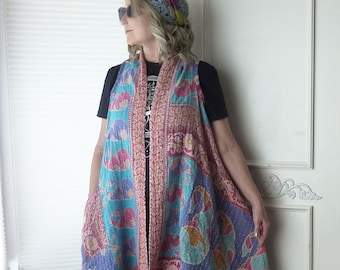 Vintage Kantha quilt midi vest, reversible, blue & pink or orange and green, onesize up to 2X plus, boho, hippie, patch pockets, ooak