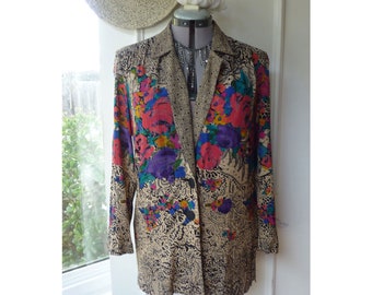 Vintage Carole Little 80s - 90s jacket, rayon gauze, Upcycled clothing, artsy, beige black coral floral , eco fashion, size 2-6, retro