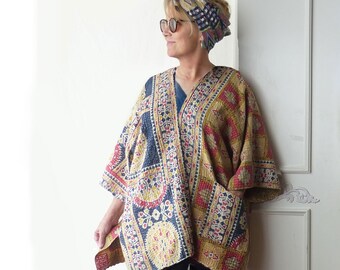 Reversible Vintage Kantha quilt kimono, navy blue & yellow pr red, lightweight, onesize plus size, hippie, ruana, patch pockets, bathrobe