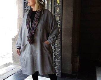 Gray duster jacket, upcycled clothing for women, XLarge, 1X, 2X, 3X, midi, Lagenlook, one of a kind, plus size, onesize, lantern sleeve