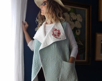 Romantic Upcycled Shawl collar quilt vest, mint green, roses, vintage linen, onesize XL to 2X, boho, hippie, artsy, plus size, one of a kind