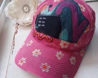 One of a kind Barbie pink floral artsy adult women's baseball cap, abstract applique from vintage Carole Little Fabric, upcycled hat