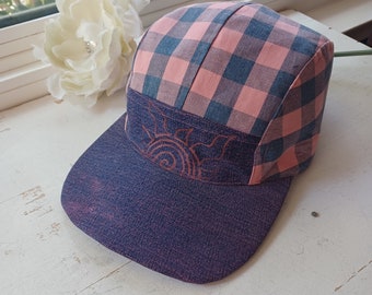 One of a kind adult women's hat handmade from upcycled cotton clothing and denim, pink & blue check camp hat with denim and sun print