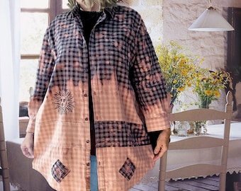 Bleach Flannel patchwork duster, upcycled clothing for women, peach purple plaid, Medium to 1X, Lucky brnd, country chic. vintage linen, sun