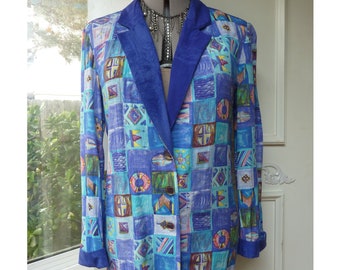 Vintage Carole Little 80s - 90s jacket, German rayon, Upcycled clothing, artsy, periwinkle blue, eco fashion, size 2-6, retro