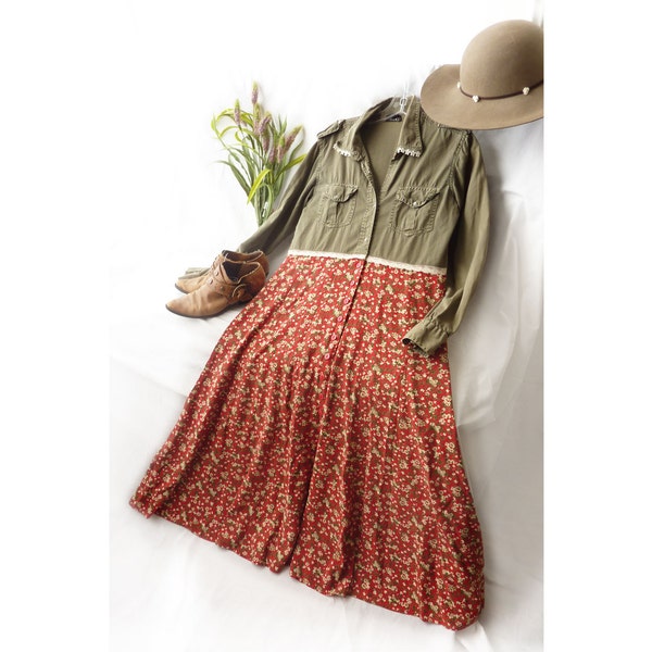 Midi Prairie dress, Upcycled clothing, country chic, Army green, cotton top, long sleeve dress,  red floral print, farm girl, indie dress