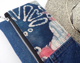 Small Foldover denim bag with upcycled Batik, crossbody purse, upcycled denim, ooak, messenger bag, zipper, eco chic, pink & navy blue