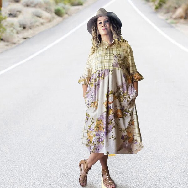 Oversize boho Midi loose dress, plus size, cotton plaid & floral, one of a kind, yellow, beige, lilac, XL to 2X, upcycled, bell sleeves
