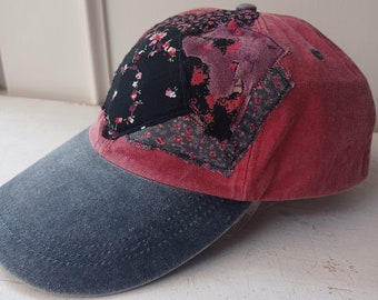 One of a kind patchwork artsy adult women's baseball cap, vintage Carole Little fabric, upcycled hat