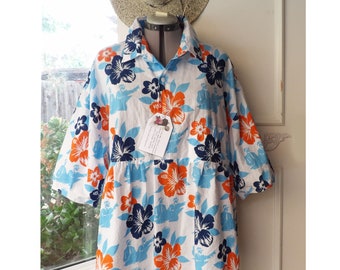 Plus Hawaiian babydoll top, orange & blue floral summer top, cotton, upcycled clothing for women, one size or oversize up to 2X