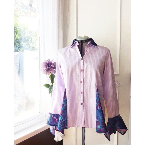 Upcycled Reworked Shirt- Long sleeve button down with silk inset - lilac stripe and printed silk - size 8 - FREE SHIPPING