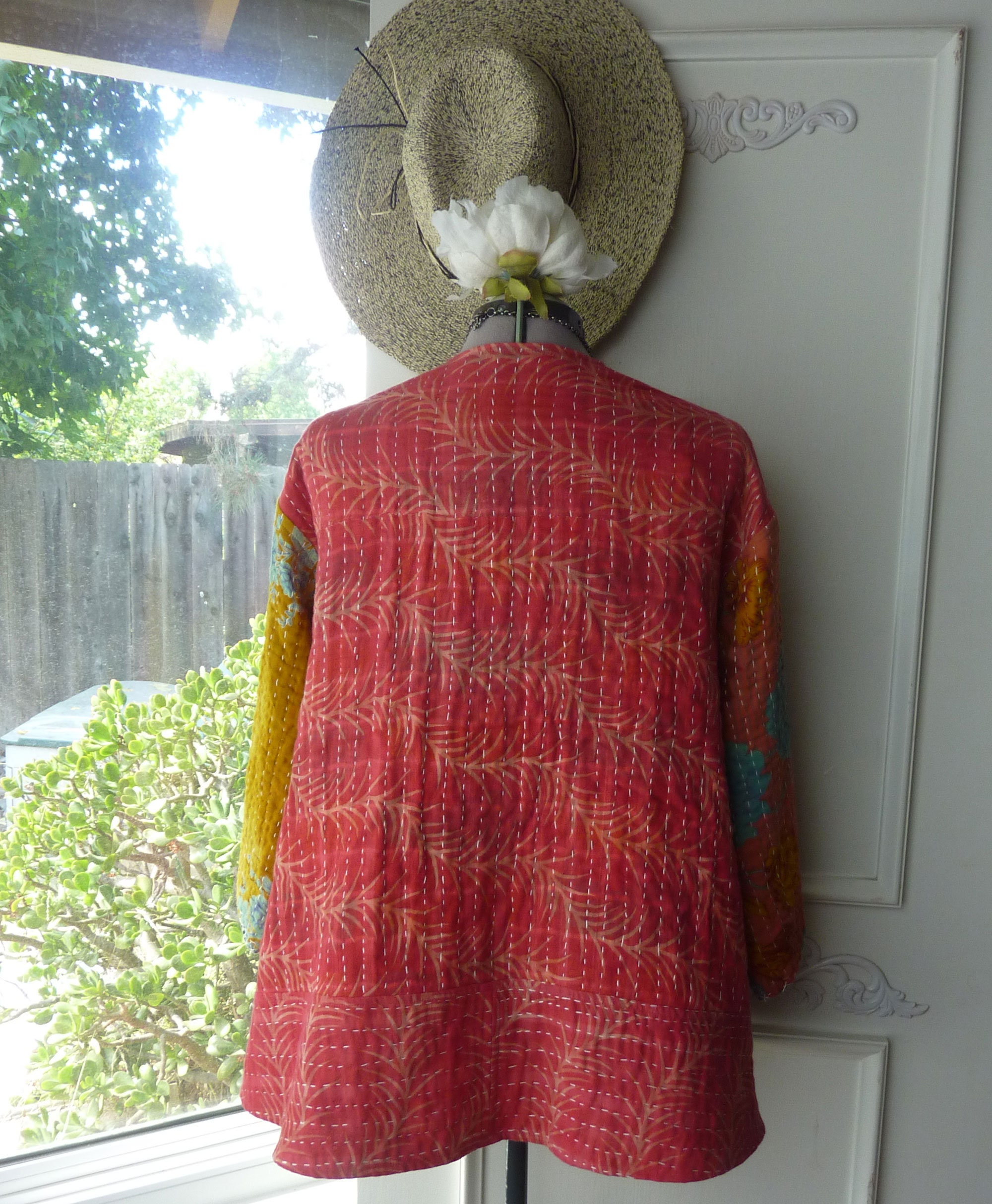 Short Vintage Kantha Quilt Jacket Cotton Teal & Salmon Mixed Etsy