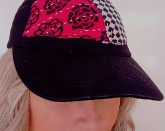 One of a kind Kantha patchwork artsy adult women's baseball cap, cotton upcycled hat, pink & black floral