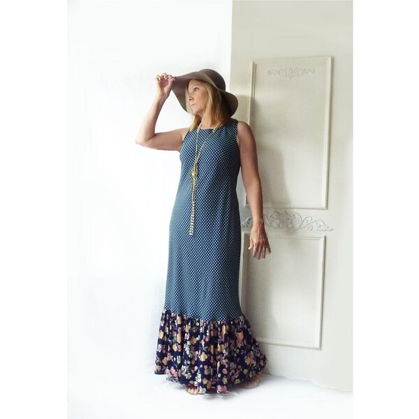 SALE-Upcycled Maxi dress- drop ruffle navy dotted top with floral print flounce Size large- Boho Indie dress, featured in Altered Couture