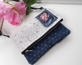 Small Foldover denim bag, Upcycled crossbody purse, pink navy floral print, ooak, messenger bag, zipper, vegan, eco chic