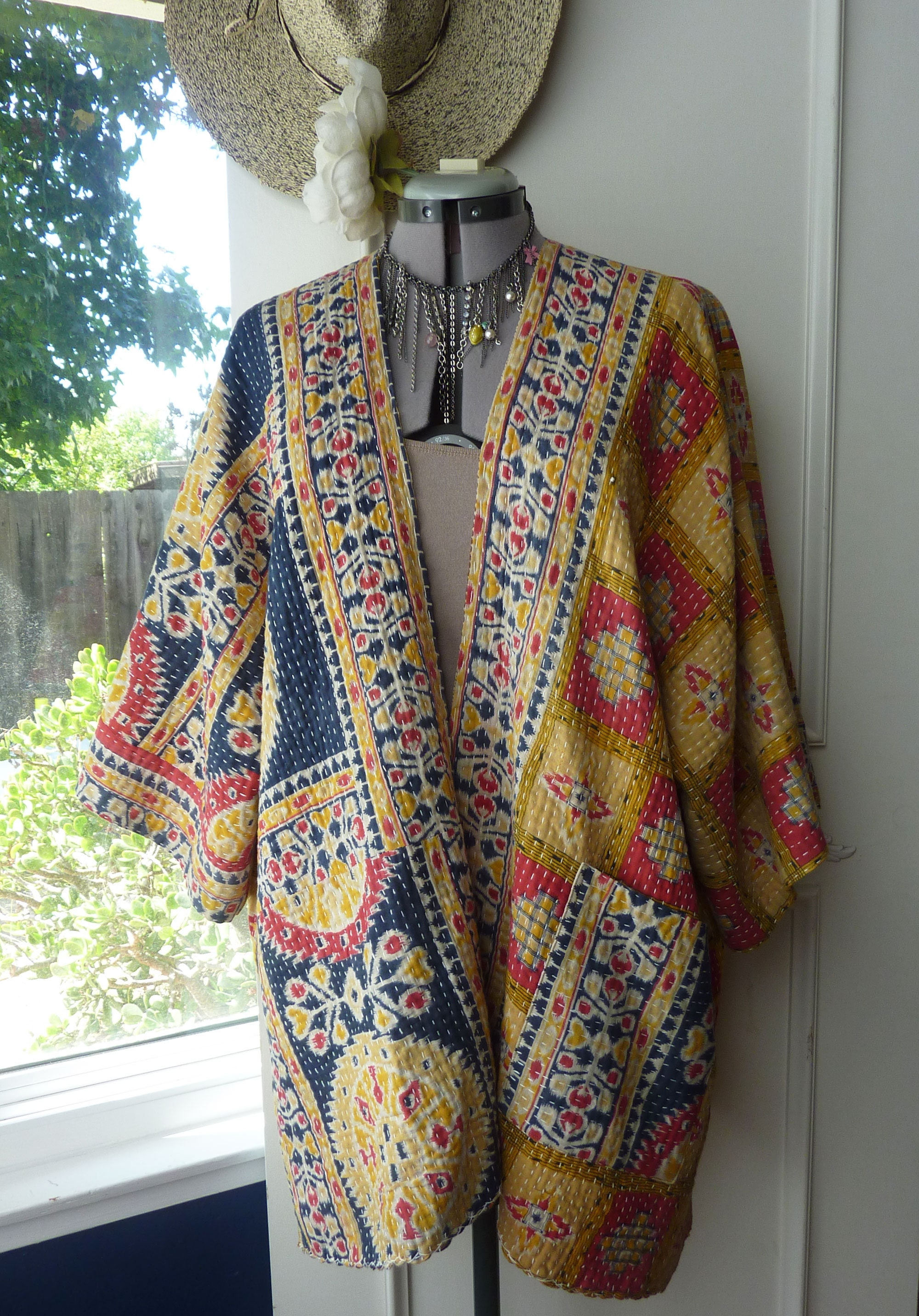 Reversible Vintage Kantha Quilt Kimono Navy Blue & Yellow Pr - Etsy