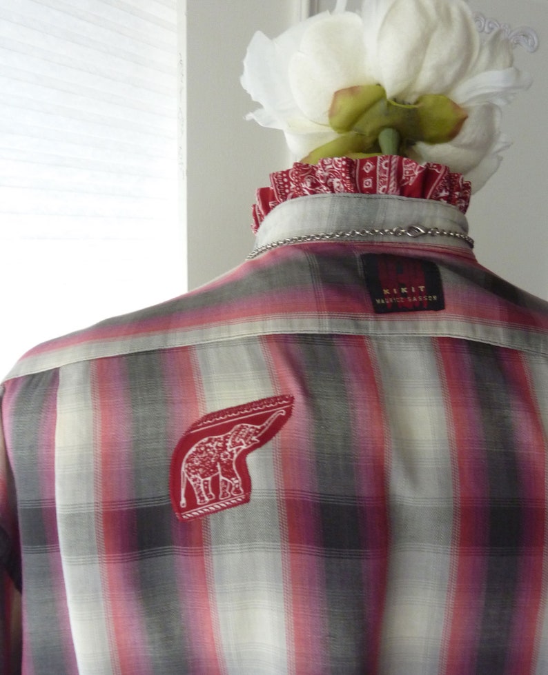 plaid red gray Plus Upcycled asymmetrical shirt country chic flowy ruffle upcycled clothing for women cotton 2X 3X button down boho