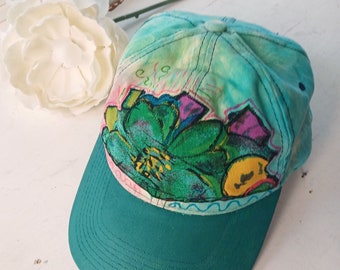 Artsy baseball cap, hat, vintage floral fabric, OOAK, hiking, beach, wearable art hat, sport hat, upcycled, graffiti, streetwear, aqua