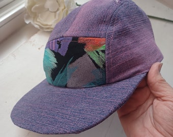 One of a kind adult women's hat handmade from upcycled denim jeans and vintage Carole Little Fabric, camp hat, artsy, purple