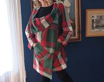 Soft cotton blanket Jacket, plus upcycled clothing for women, red green plaid, Large, XL, 1X, 2X, asymmetrical hem, boho, one of a kind