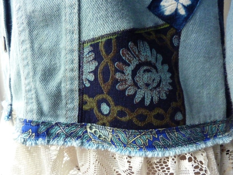 Wearable Art Denim jean Jacket shabby chic lace ruffle | Etsy