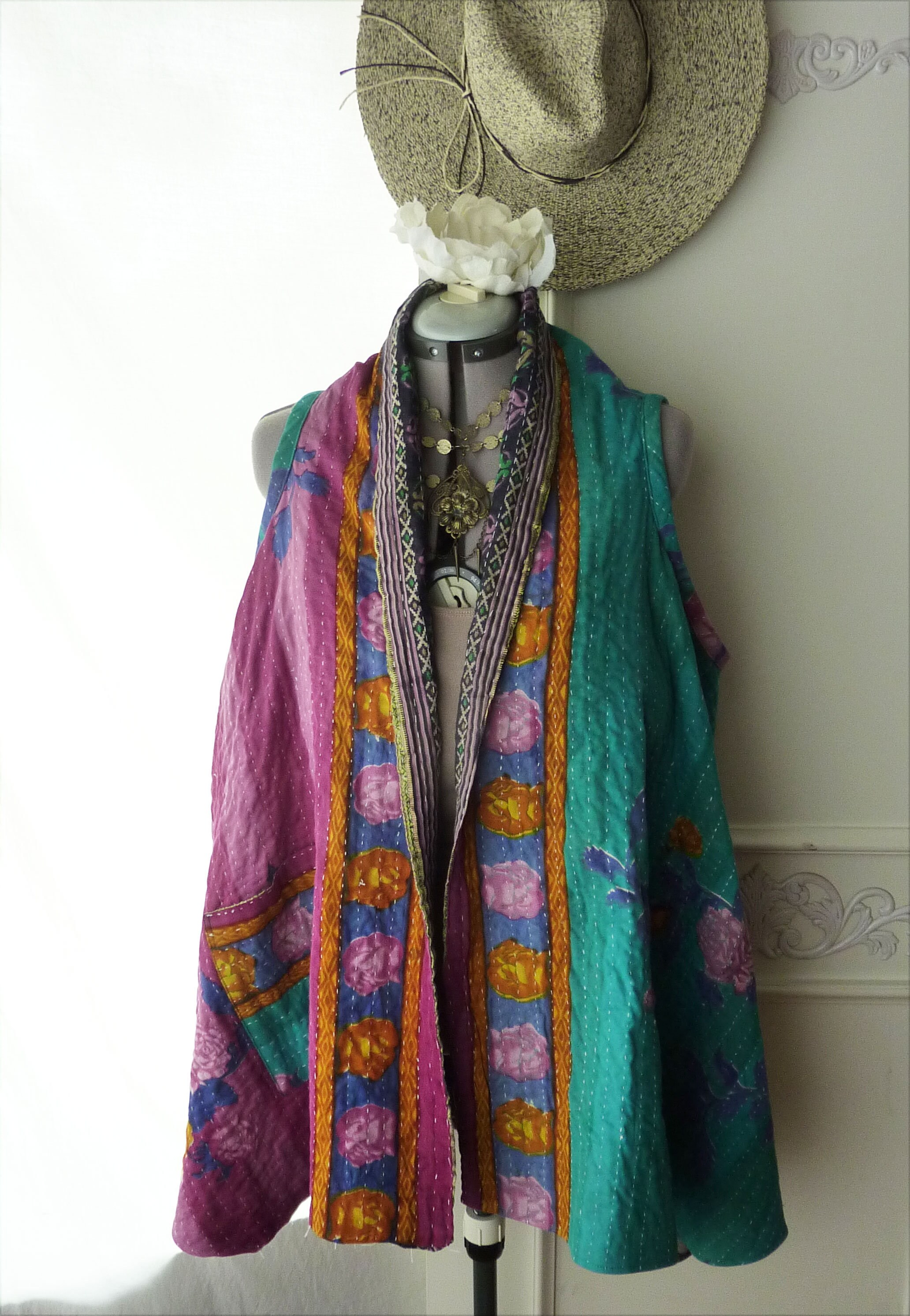 Reversible Vintage Kantha vest turquoise purple floral one | Etsy
