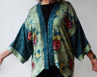 Teal floral & Hawaiian print hi low Kimono jacket, beach cover up, boho tunic top, cruise resort wear, rayon, pineapple