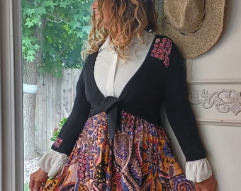 Upcycled lightweight black sweater w skirt, Medium to large, tie front, girly, boho, ooak, indie, rayon & nylon