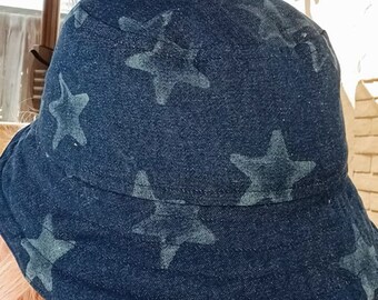 Reversible Bucket hat, upcycled denim w stars or blue & white stripe, OOAK, beach, gardening hat, cruise hat, retro, fishing hat