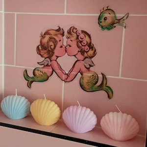 Pegatinas de pared kitsch vintage retro con diseño de sirenas, bebés y peces, para el hogar, chicas, pin-up, dormitorio, Vinnie Boy, baño, extraíbles, Norcrest Lefton