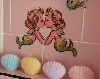 Kitsch vintage retro Mermaid babies fish wall stickers sticker decals home girl pinup bedroom vinnie boy bathroom removable norcrest lefton