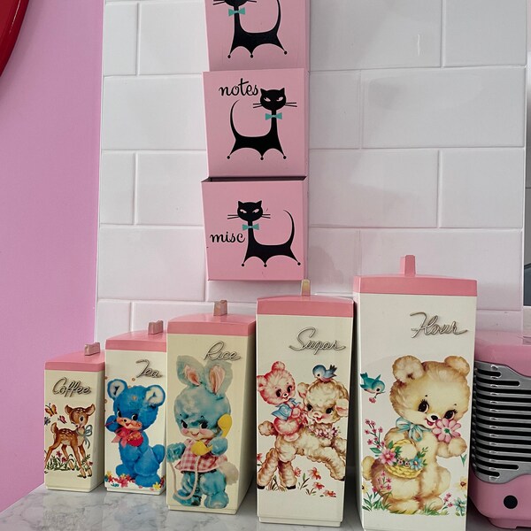 Retro pink upcycled pastel Baby animal retro Canisters set deer cat fawn kawaii kitsch 60s mod girl Vinnie Boy decor 1950s bunny candy