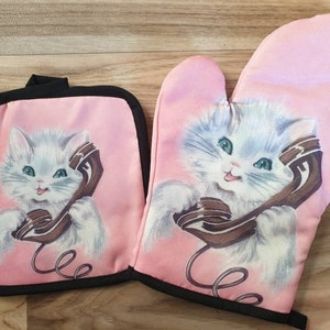 Vintage inspired cat starburst atomic kawaii pink kitten phone 1950s oven mit mitt cloth kitchen retro kitsch vinnie boy atomic retro mint image 4