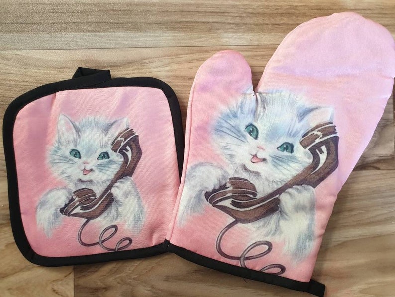 Vintage inspired cat starburst atomic kawaii pink kitten phone 1950s oven mit mitt cloth kitchen retro kitsch vinnie boy atomic retro mint image 4