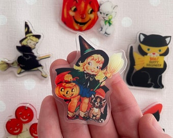 Bulk Kitschy cute Halloween Cat witch boy pin badge vintage inspired retro cool 50s 60s kitsch mod vinnie boy black kitten pumpkin ghost