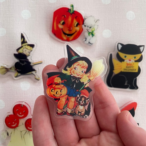 Bulk Kitschy cute Halloween Cat witch boy pin badge vintage inspired retro cool 50s 60s kitsch mod vinnie boy black kitten pumpkin ghost