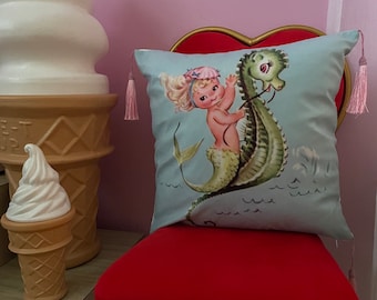 Kitsch vintage retro NEW 60s mermaid sea horse mid mod lefton mermaiding tassel cushion cover kawaii bedroom vinnie boy pink