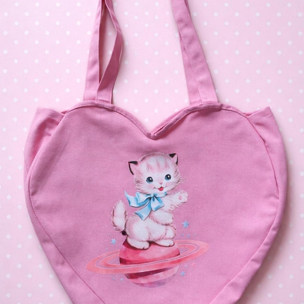 Neu Kitsch Pink Tasche Einkaufstasche Einkaufstasche Retro Vintage Kätzchen Katzenliebhaber Weltraum Atomar Kawaii Vinnie Junge Geschenk