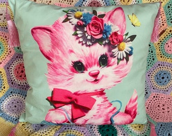 Kitsch vintage retro NEW pastel sweet mint pink kitten cat bluebird tassel cushion cover kawaii vinnie boy nursery Christmas