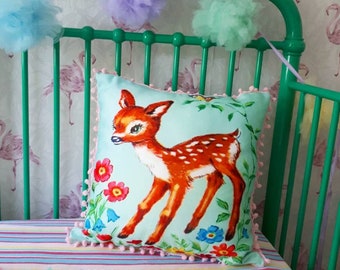 Kitsch vintage retro NEW 'Lily fawn' deer pom cushion cover only 40cm kawaii pastel home room girl pinup bedroom vinnie boy vintage japan