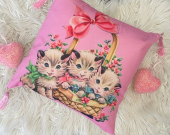 Kitsch vintage retro mcm NEW pastel basket mint pink kitten trio cat bluebird tassel cushion cover kawaii vinnie boy nursery Christmas