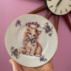 May include: A round white ceramic decorative plate with a gold-trimmed edge. The centre features a fluffy brown and white kitten wearing a blue bow, surrounded by purple violet flowers. The word "cunty" is printed in red script above the kitten.