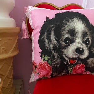 Kitsch vintage retro NEW 60s 1950s puppy dog roses tassel cushion cover kawaii bedroom vinnie boy pink image 6