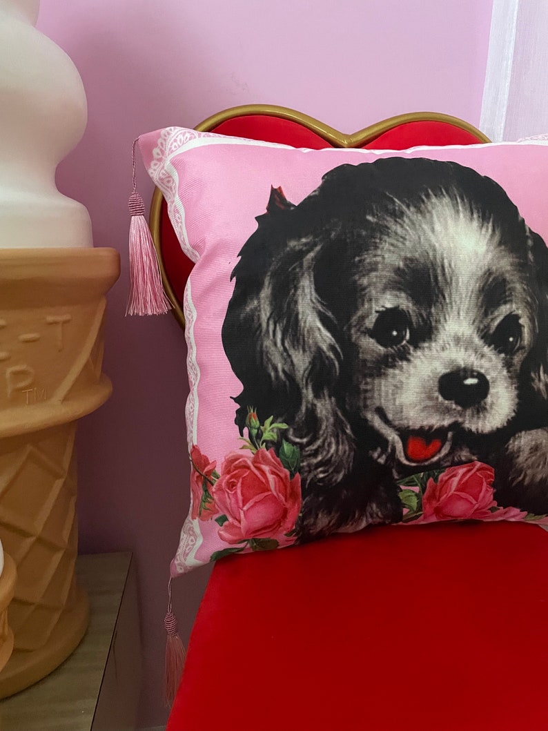 Kitsch vintage retro NEW 60s 1950s puppy dog roses tassel cushion cover kawaii bedroom vinnie boy pink image 6