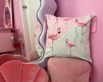 Kitsch vintage retro NEW 80s 1980s art deco flamingo memphis pop pastel flowers tassel cushion cover kawaii bedroom vinnie boy pink