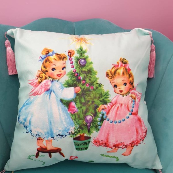 Kitsch vintage retro Christmas  NEW angels tree Kitschmas mint tassel cushion cover kawaii home room pinup bedroom vinnie boy pink